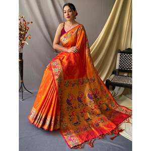 Trendy Orange Woven Paithani Silk Saree with <b>Blouse</b> for Weddings - Product Image 1