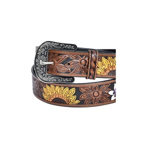 Hot Selling Unisex Sunflower Floral <b>Tooled</b> <b>Leather</b> Horse <b>Belts</b> Customized Beaded <b>Belts</b> with Fancy Buckles Durable Manufacturers - Product Image 3
