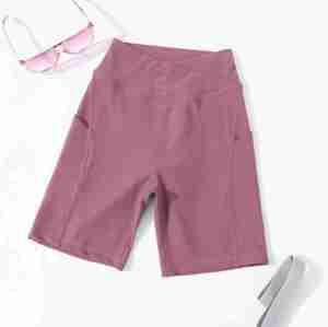 Shorts de Yoga de Cintura Alta, Color Sólido, Tejidos, con Bolsillos, para Mujer, Deportivos, Elásticos, Transpirables, para Entrenamiento - Product Image 3