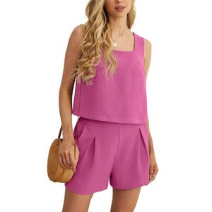 Women's 2 Piece <b>Square</b> Neck Sleeveless Shorts Casual <b>Set</b> Women's Summer Top Black S - Product Image 4
