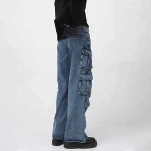 New Designer Jeans 2025 Mid Waist Denim Washed Blue Multi Pocket Baggy Cargo Jeans para hombres OEM ODM Tarifa mayorista con servicio - Product Image 4