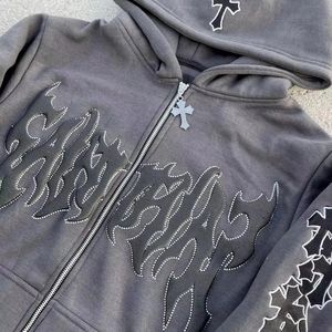 Trending Winter Unisex Custom Digital Embroidered Plaid Oversized Flared <b>Hoodies</b> 100% Cotton Fleece <b>Zip</b> <b>Pocket</b> Washed Techniques - Product Image 4