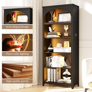 Libreria in Legno Illuminata con Arco Superiore, Scaffale Espositivo Aperto, Organizzatore per Casa, Ufficio e Negozio, Alta Libreria Nera - Product Image 1