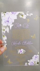 Invitations de <span class=keywords><strong>mariage</strong></span> floral violet clair transparent en PVC de 1mm <span class=keywords><strong>et</strong></span> Invitations de coing violet doré ANOS Lavande Lilas Invitations - Product Image 3