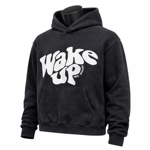 เสื้อฮู้ดผู้ชายสีดำ Wake up Inc แขนยาว ผ้าฟลีซคอตตอน พิมพ์ลายโลโก้ด้านหน้า ระบายอากาศได้ดี น้ำหนัก 300 กรัม สไตล์ฤดูหนาว - Product Image 3