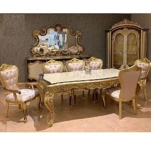 Mesa de comedor tallada a mano de aspecto italiano, muebles de lujo hechos a mano con sillas, aspecto elegante, 8 asientos - Product Image 1