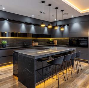 Armário de Cozinha Moderno em Madeira Lacada de Alto Brilho com Ilha em Contraplacado MDF Aglomerado e Pia para Cozinha de Moradia - Product Image 1