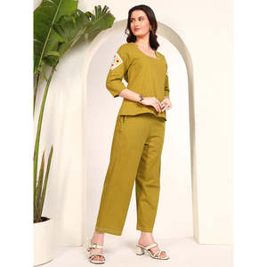 DEEBACO Women's Green Solid Embroidered Patch Work Co-Ord <b>Set</b> Casual V-Neck <b>Square</b> Neck Top With Ankle Length Trouser Summer - Product Image 6