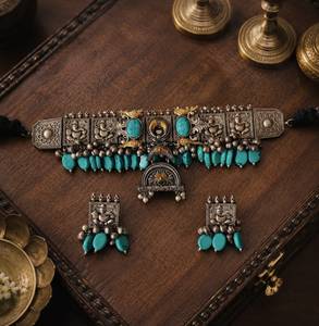 Beautiful Designer Statement Choker Necklace with Stone Embedded Dual Tone <b>Beads</b> & Ghungroo Latkan, Adjustable Dori - Product Image 2