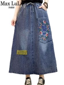 Falda Midi Vaquera de Cintura Alta para Mujer, Corte en A, Bordado Floral, Algodón Lavado, Estilo Casual de Primavera - Product Image 2