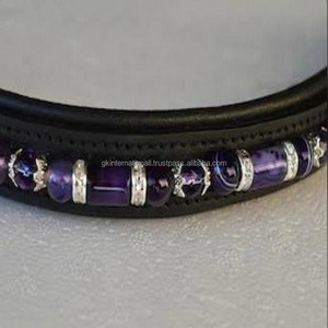 Banda de cuero de alta calidad hecha a mano para cejas de caballo, incrustación de canal vacío y relleno con perlas y cadena de piedras - Product Image 5