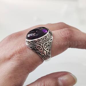 Bague en argent sterling 925 pour homme, avec améthyste naturelle, pierre de naissance de février, style ottoman, cadeau d'anniversaire, vente en gros - Product Image 2