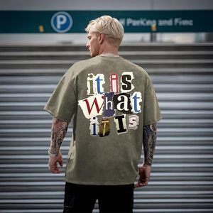 เสื้อยืดคอกลมพิมพ์ลายโลโก้แบบกำหนดเองสำหรับผู้ชาย ทรงหลวม ไหล่ตก สไตล์สตรีทแวร์ แฟชั่นฮิปฮอป เนื้อผ้าระบายอากาศได้ดี - Product Image 4