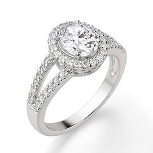 Oval Cut <b>Split</b> Shank Halo Moissanite Engagement <b>Ring</b> - Product Image 1