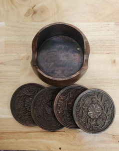 Posavasos de madera de Estilo Vintage único con tallado floral detallado y carrito de madera de la India - Product Image 6