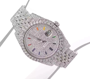Montre sport en acier inoxydable sertie de diamants Moissanite, mouvement ETA, bracelet en cuir, étanche, cadran analogique en verre, boîtier unisexe - Product Image 1