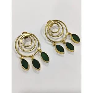 时尚圆形金属丝耳环畅销天然石材黄铜耳环饰品时尚饰品印度制造商