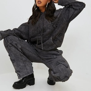 Conjunto Deportivo para Mujer con Lavado Ácido Intenso, Sudadera Oversize de 500GSM y Pantalones Jogger, Estilo Urbano, Fabricante OEM de Marca Privada - Product Image 3