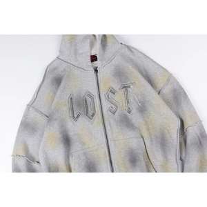 Haute Qualité En Gros Perdu Intricacy GRIS FADED Zipper Diamant clouté logo Serpent Imprimer Lavage À Capuche Pour Hommes - Product Image 5