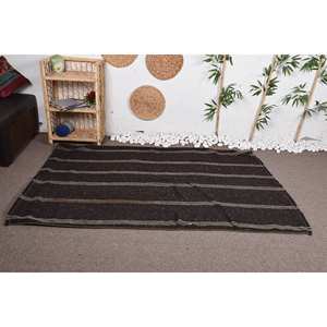 Alfombra moderna de yute a rayas marrón y beige, 4,3x6,3 pies, tejido plano, lana, látex, respaldo, patrón de retazos rectangular para juegos de alfombras - Product Image 1