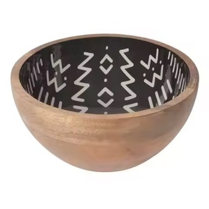 Bols à mélanger avec cuillère pour fruits, saladier avec ensemble de serveurs, émail, impression en résine, bois de manguier massif, bols en bois pour fête - Product Image 2