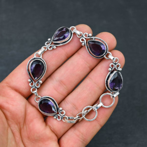 Améthyste violette de laboratoire en plaqué argent 925, bracelet de style chaîne fait main, cadeau de bijouterie fine. - Product Image 5