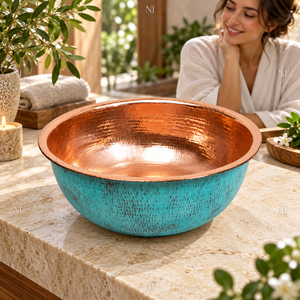 Fauteuil de pédicure en cuivre martelé, portable, confortable, extérieur patiné turquoise, intérieur en cuivre poli, pour salon de beauté et spa - Product Image 6