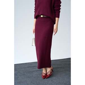 Burgundy V-Neck <b>Sweater</b> and Skirt <b>Set</b> - Product Image 5