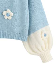 Fabricación de suéteres tipo cárdigan de punto azul cielo personalizados para mujer con apliques de flores, cuello en V, botones al frente, estilo lindo para el invierno. - Product Image 5