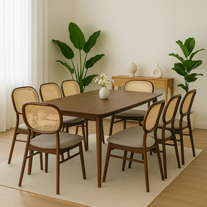 Modern Ash Wood Dining Set with Pierre Chair Walnut Leather <b>Cushioned</b> Seat & Rattan <b>Back</b> for Home & Villa Use - Product Image 1