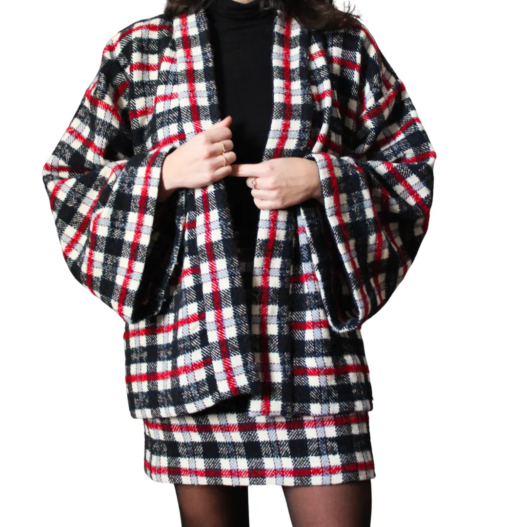Italiaanse Stof Blauw En Rood Wit Wol Luxe Design Robe Femme Winter Elegante Casual Kimono Robe Hoge Kwaliteit