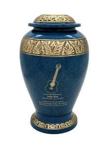 Bleu avec garniture de feuille d'or urne de crémation en laiton massif pour les cendres capuchon fileté urnes commémoratives de taille adulte - Product Image 6
