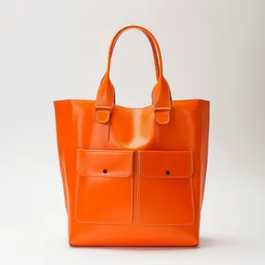 İki ön cepli büyük İtalyan turuncu deri Tote çanta-şık ve fonksiyonel, yüksek kaliteli İtalyan deri ile hazırlanmış