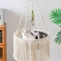 Hoogwaardig comfortabel boho macramé modern stijl klein rond houten pluche kattenbed hol huisdecoratie voor honden