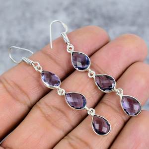 Boucles d'oreilles en améthyste violette à trois pierres précieuses Boucles d'oreilles en argent sterling 925 Boucles d'oreilles pendantes en forme de poire faites à la main - Product Image 4
