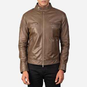 Veste de motard pour homme Gatsby Mocha en cuir d'agneau véritable aniline avec col montant, fermeture éclair, doublure en viscose matelassée, logo sur le devant - Product Image 1