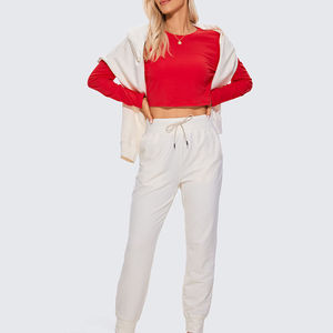 Femmes coupe ample coton polaire haut court sweat à manches longues col rond hiver entraînement couleur unie broderie avant décontracté - Product Image 6