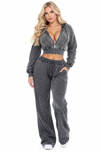 <b>Women</b> Breathable 100% Cotton Rhinestone Wide Leg Tracksuit Set Cropped <b>Zip</b>-<b>Up</b> Hoodie Matching Pants Casual Winter Lounge Outfit - Product Image 2
