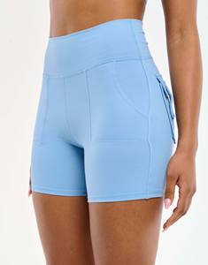 Pantalones cortos de mujer de proceso personalizado Blue Essence Scrunch de cintura alta con 2 botones en la espalda y 2 bolsillos en la cadera para mujer, pantalones cortos de gimnasio transpirables - Product Image 5