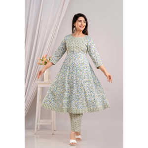 Ensemble Kurta Femme Imprimé Floral Blanc & Ciel avec Pantalon & Dupatta - Product Image 5