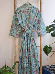 Haute qualité lavable pur coton indien bloc imprimé été Kimono respirant Vintage Floral solide motif numérique dos automne - Product Image 3