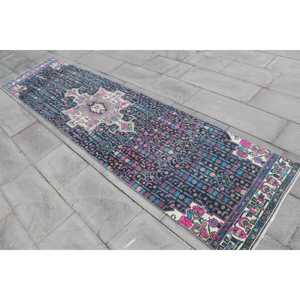 Tapis turc, tapis de couloir 2,6x10,9 pieds, tapis vintage, tapis en laine bleu et rose à bordures - Product Image 2