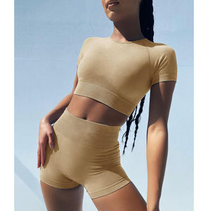 Conjunto de entrenamiento de 2 piezas acanalado sin costuras para mujer, Top corto de manga corta, pantalones cortos de Yoga de cintura alta, Material de algodón para el gimnasio diario - Product Image 4