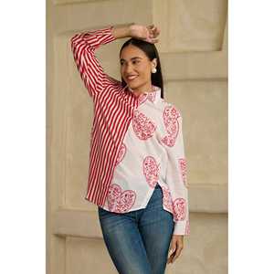 Chemise en tissu popeline rouge à motifs de cœurs moitié-à-moitié - Product Image 6