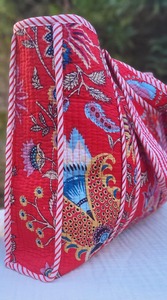 Red Vintage Indian Lady Bohemian Winter Fashion <b>Tote</b> <b>Bag</b> Block Printed <b>Floral</b> Kantha Design Quilted Cotton Zipper Closure Canvas - Product Image 3