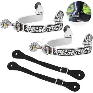 Espuelas de Vaquero Occidentales con Cinturones para Hombre, Diseño Clásico Grabado, 2 Correas de Cuero Ajustables, Duraderas, de Acero Inoxidable para Botas de Montar - Product Image 1