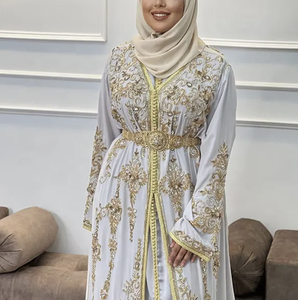 OEM personalizado fiesta satén Abaya trabajo hecho a mano de lujo bordado de cristal Dubai Kaftan musulmán hasta el suelo Maxi vestidos cinturón marroquí - Product Image 2