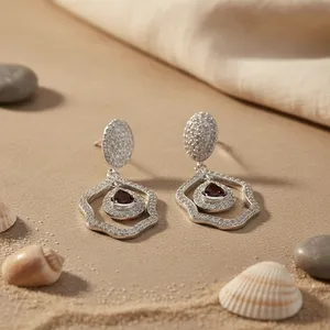 Boucles d'oreilles pendantes en argent 925 avec perle d'eau douce, grenat, émeraude, diamant, plaquées or, pour femmes, pour les mariages - Product Image 3