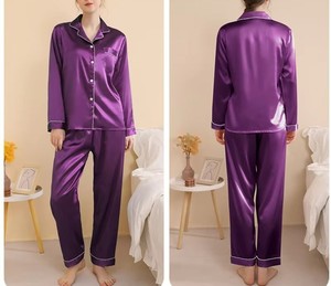 Alta calidad casual al por mayor transpirable logotipo personalizado pijamas de seda con mangas largas y pantalones largos ropa de dormir para mujer - Product Image 6