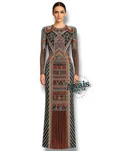 Robe de mariée élégante et luxueuse, coupe A, col rond, manches régulières, taille empire, longueur au sol, broderie de cristaux, fleurs, perles, diamants - Product Image 1